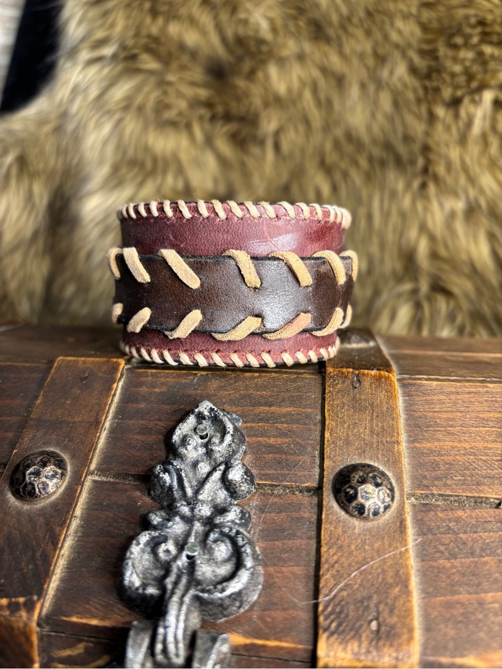 Handcrafted Brown and Burgundy Leather Cuff Bracelet